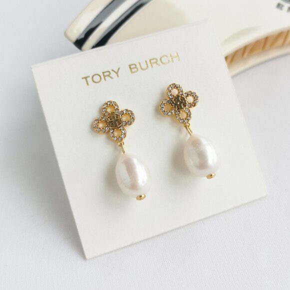 Tory Burch Kira Clover Gold Pearl Drop Earrings - Picture 2 of 4